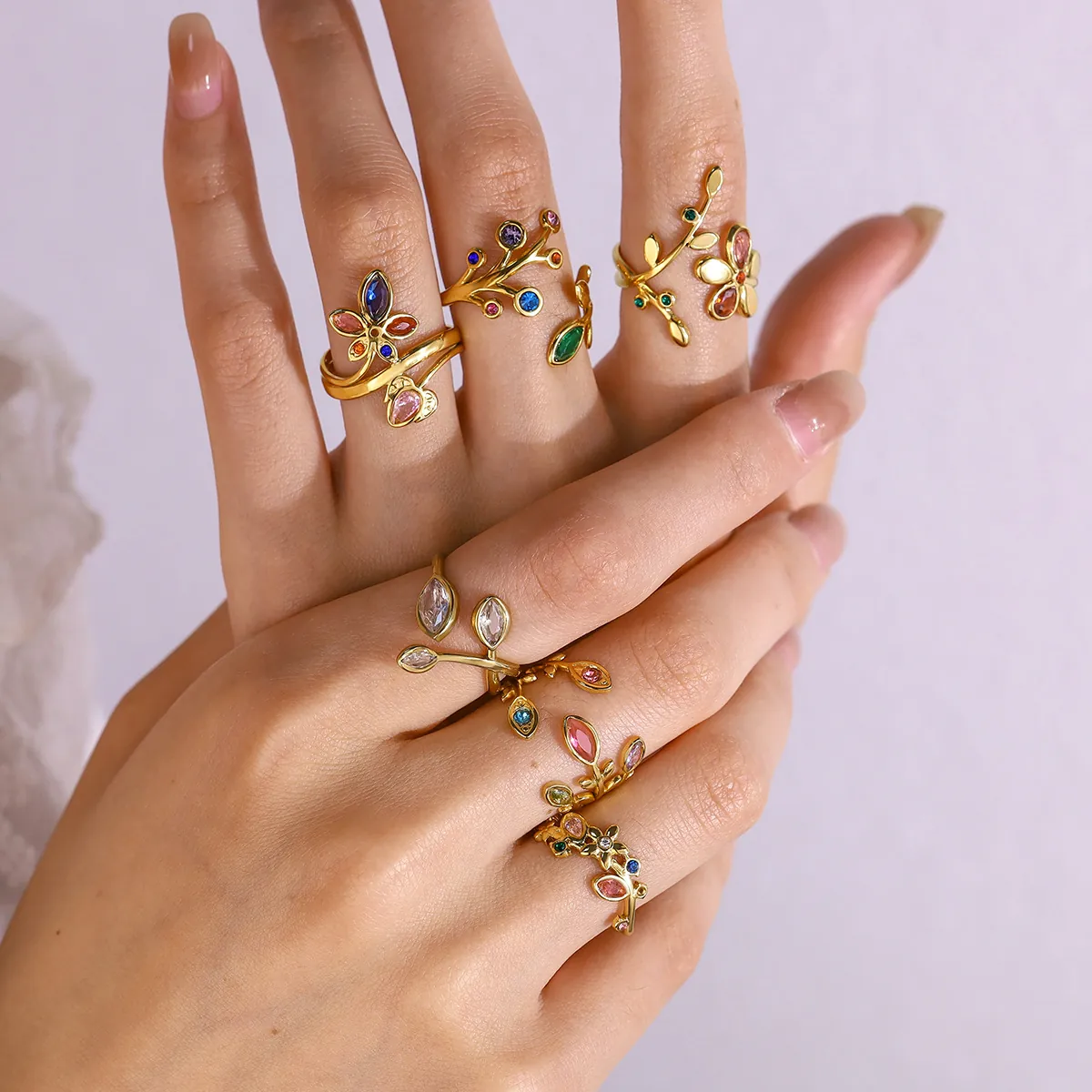 Stainless Steel Leaf Open Ring For Women 18K Gold Plated Colorful Rhinestone Adjustable Flower Finger Ring French Style Jewelry