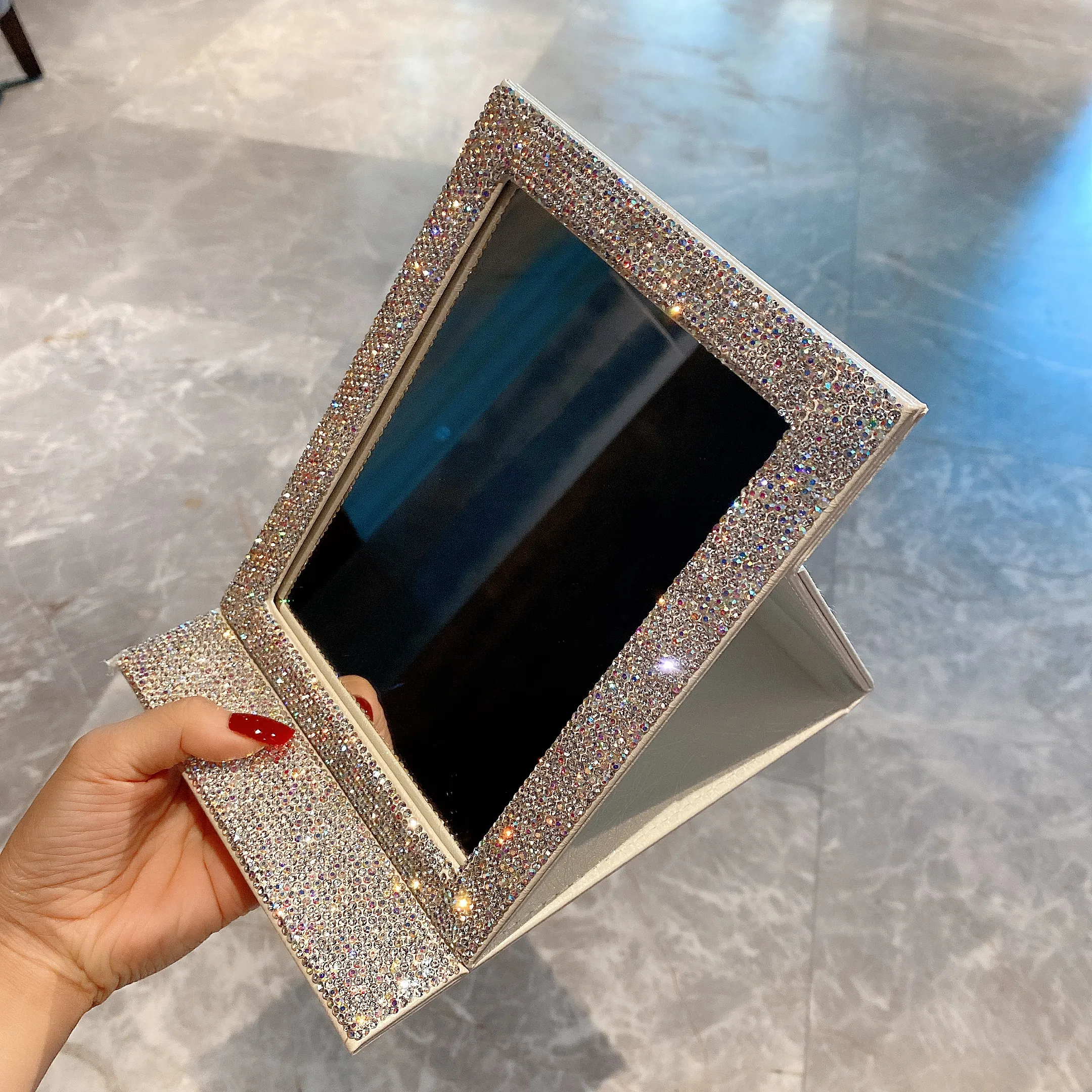 Foldable Makeup Mirror With Sparkly Rhinestone PU Leather Portable Desktop Rectangular Bling Vanity Mirror For Women