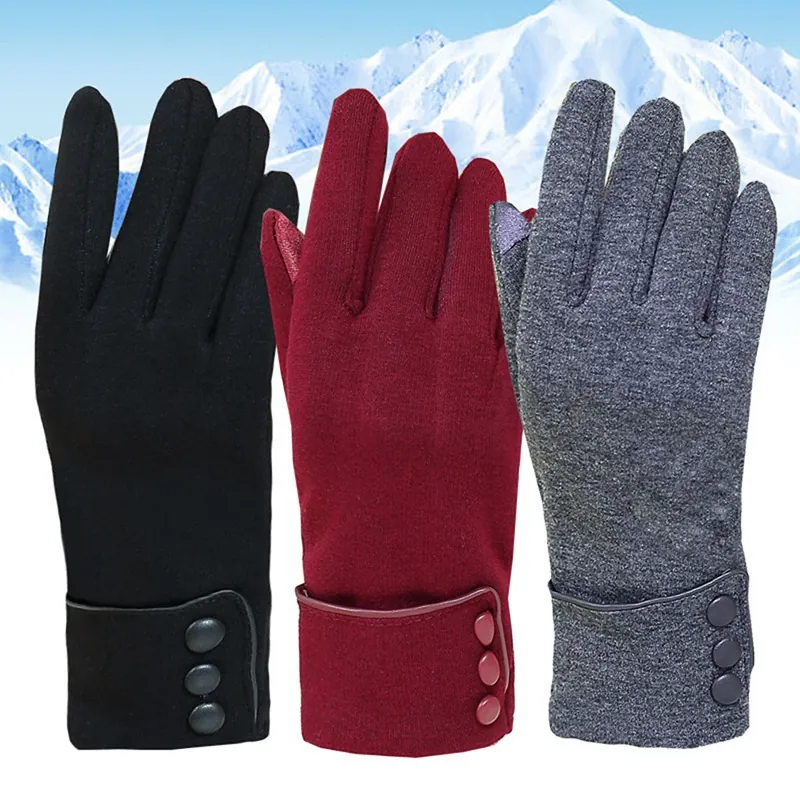 Women Winter Warm Gloves Touch Screen Compatible Knitted Fleece Elegant Decorative Buttons Outdoor Riding Driving