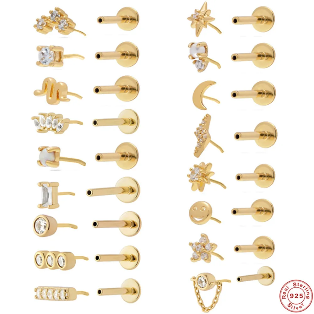 Threadless Piercing Cartilage Stud Earrings 925 Sterling Silver Zircon Artificial Pearl Geometric Flat Back Helix Tragus Jewelry Women
