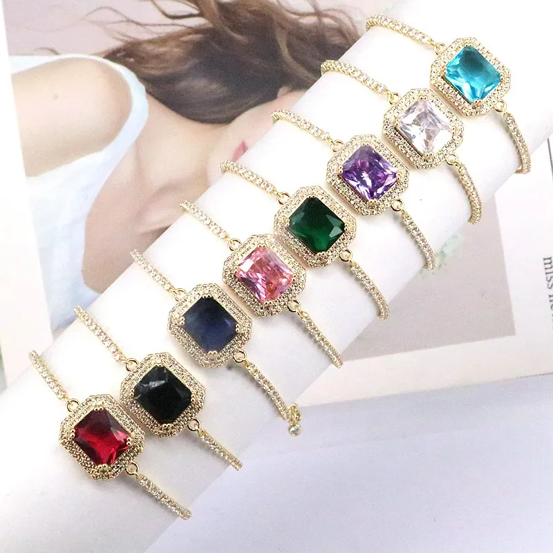 Square Zircon Bracelet Copper 18K Gold Plated Adjustable Geometric Colorful Jewelry For Women