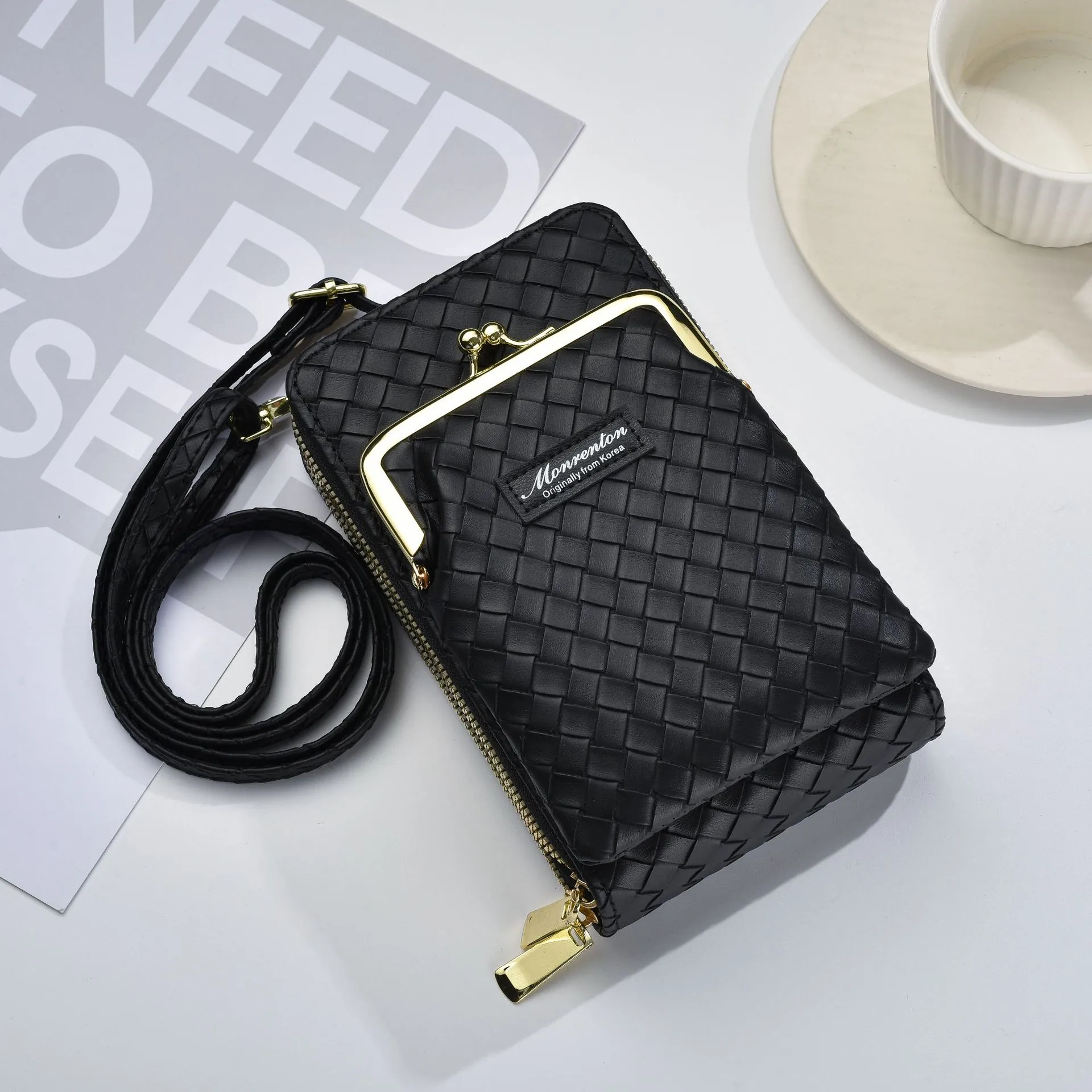 Sac À Bandoulière Pour Téléphone Portable En Cuir PU Texturé Pour Femme Portefeuille À Double Fermeture Éclair