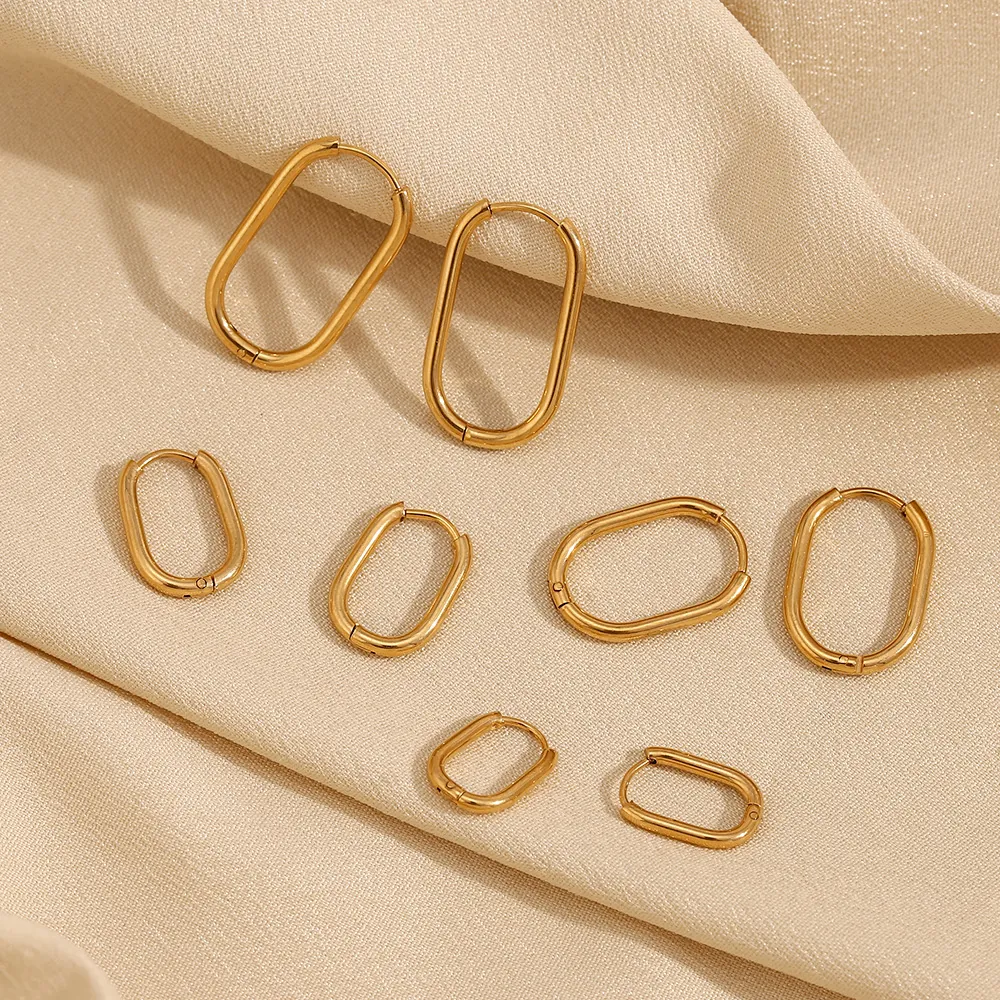 Minimalist U-Shaped Hoop Earrings Stainless Steel 18K Gold Plated Geometric Oval Chic Polished Jewelry For Women