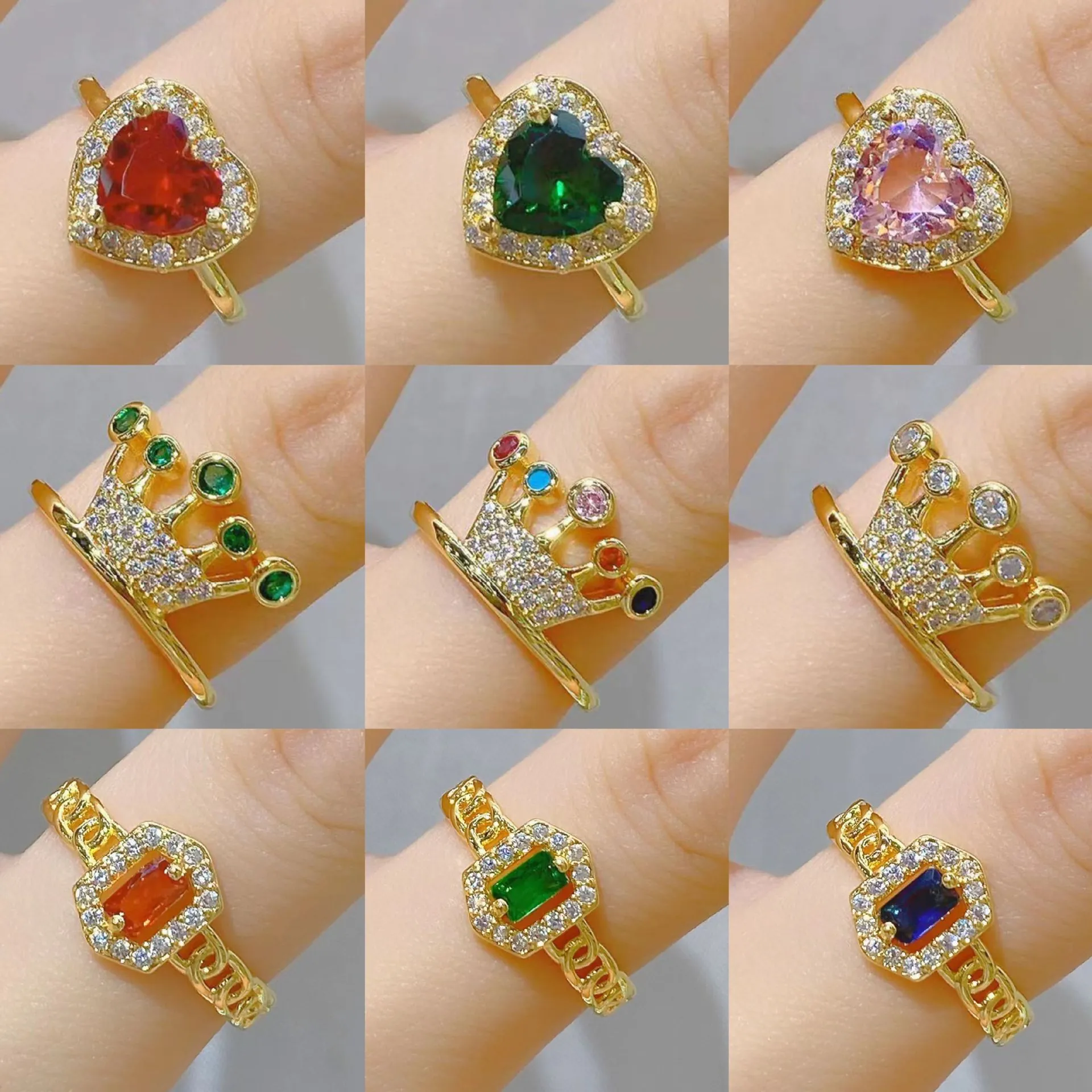 Leichter Luxus Vergoldeter Kupfer Offener Ring Für Damen Herz Krone Geometrischer Strass Verstellbarer Fingerring Schmuck Geschenk