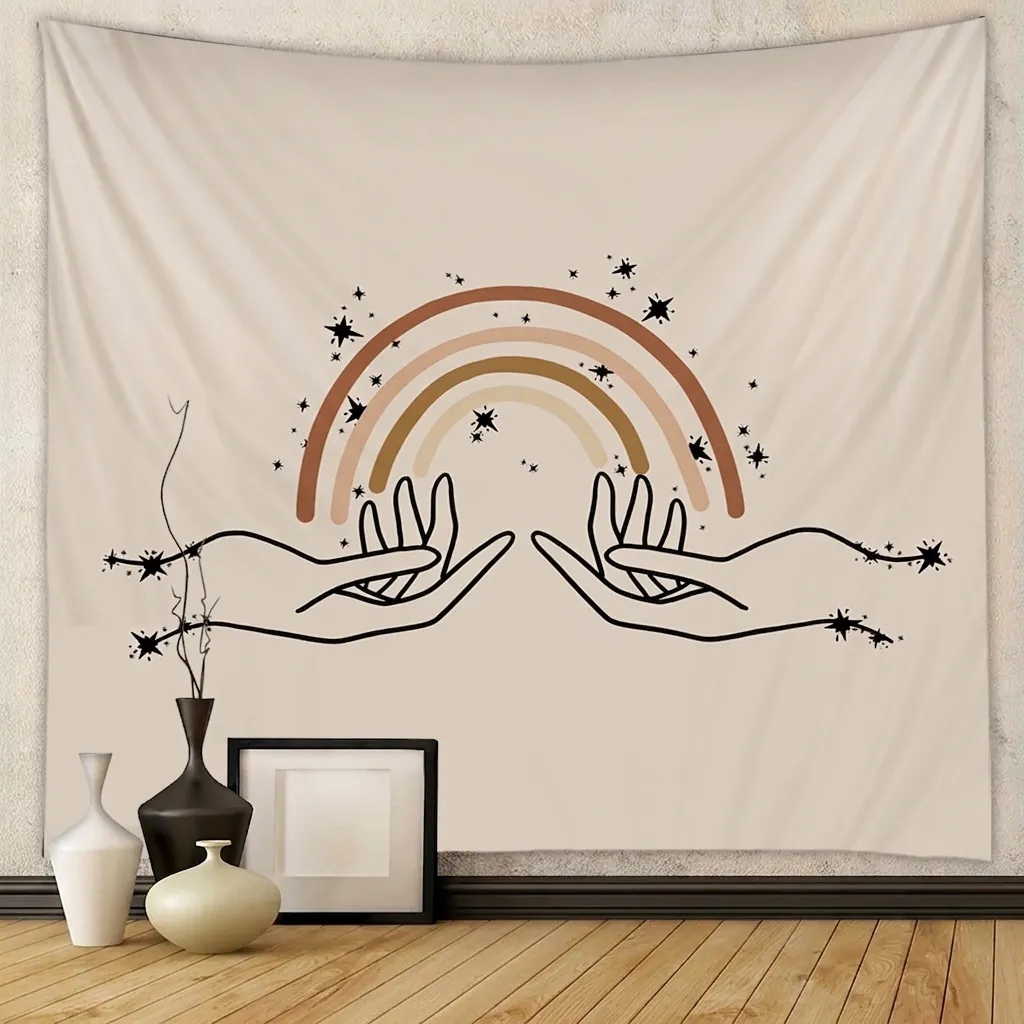 Bohemian Wall Tapestry Hands Holding Rainbow Stars Minimalist Line Art Polyester Hanging Cloth Aesthetic Room Decor