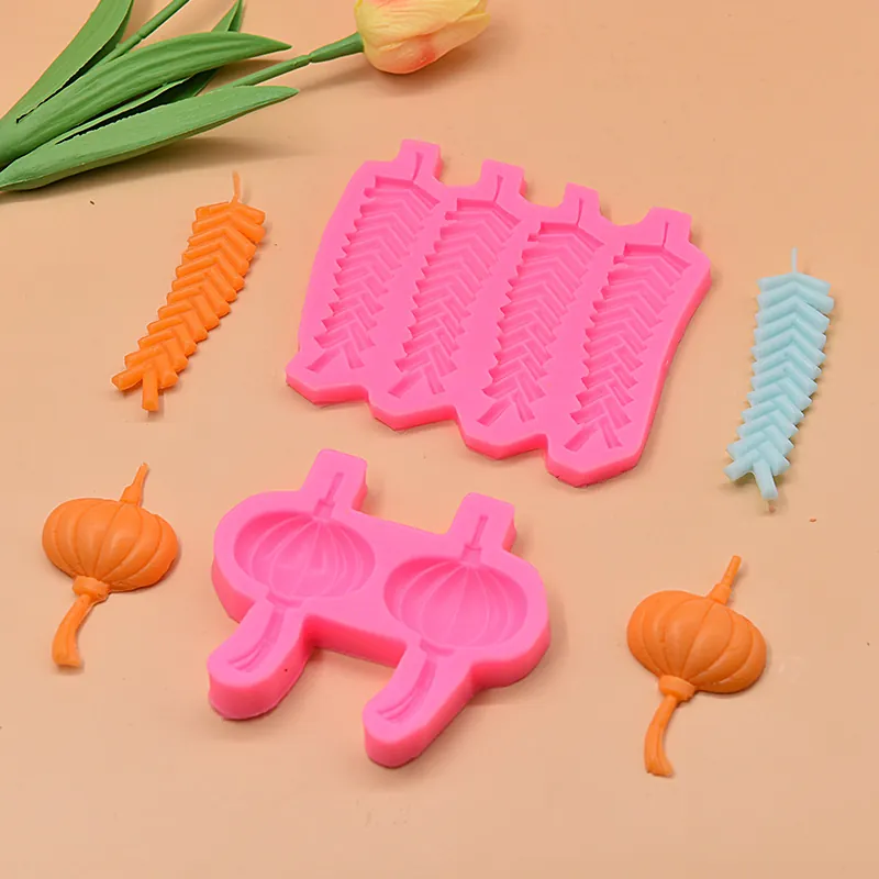 Chinese New Year Style Firecracker And Lantern Silicone Molds For DIY Cake Decorating Chocolate Candle Making Pink