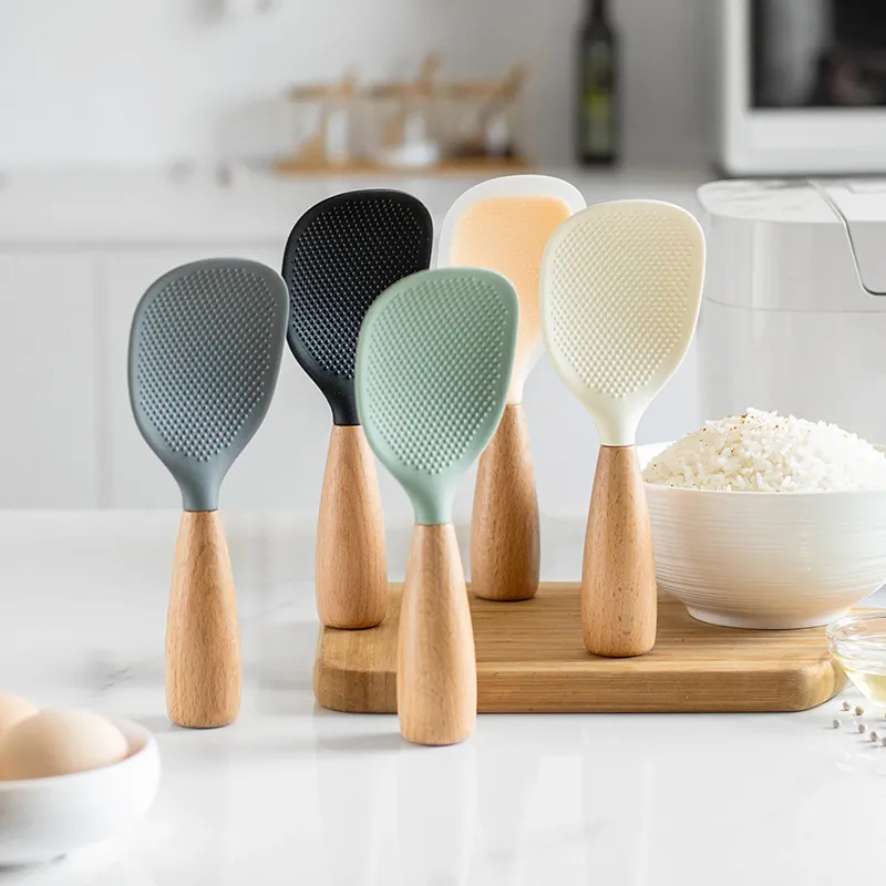 Non-Stick Silicone Rice Paddle With Wood Or Stainless Steel Handle Heat Resistant Kitchen Rice Spoon Standing Design