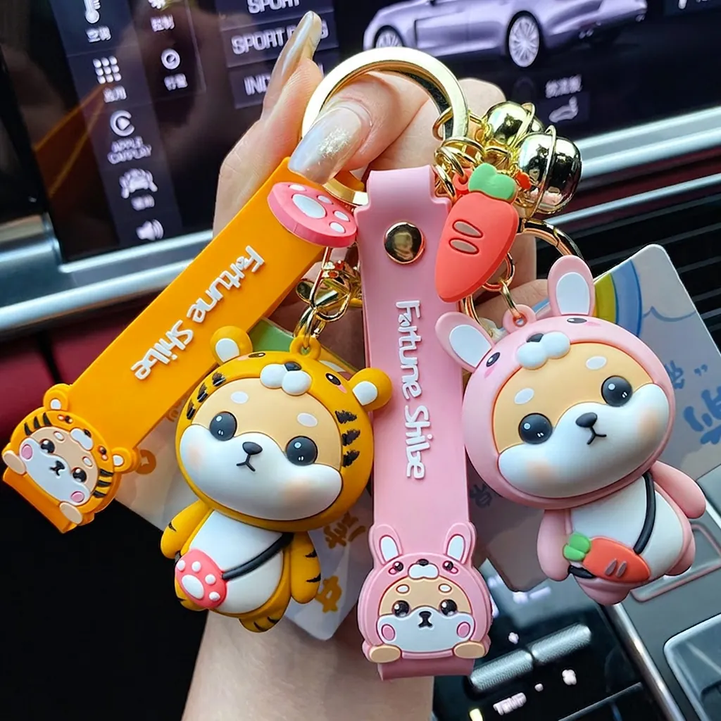 Cartoon Shiba Inu Zodiac Keychain PVC Animal Dress Up Pendant With Bell Silicone Strap Cute Kawaii Bag Backpack Accessory