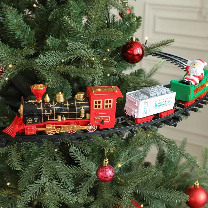 Christmas Electric Rail Train Locomotive Carriage Track Musical Light Steam Spray Toy Kids Gift Plastic