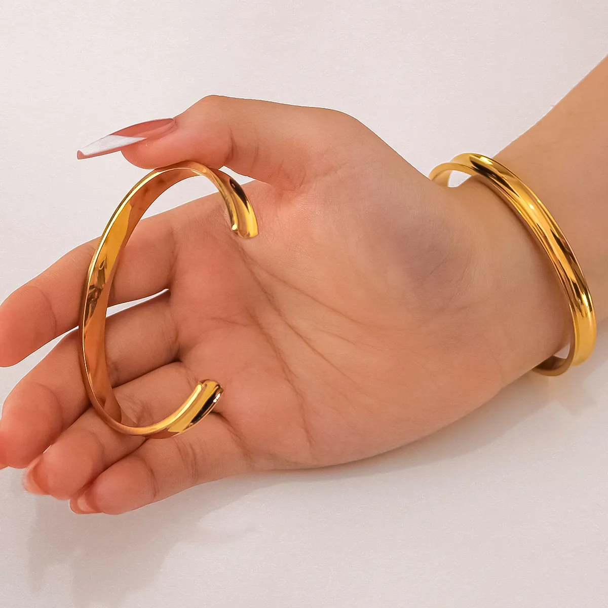 Ins Style Minimalist C-Shaped Open Bangle Bracelet 18K Gold Plated Stainless Steel Irregular Concave Non-Fading Jewelry