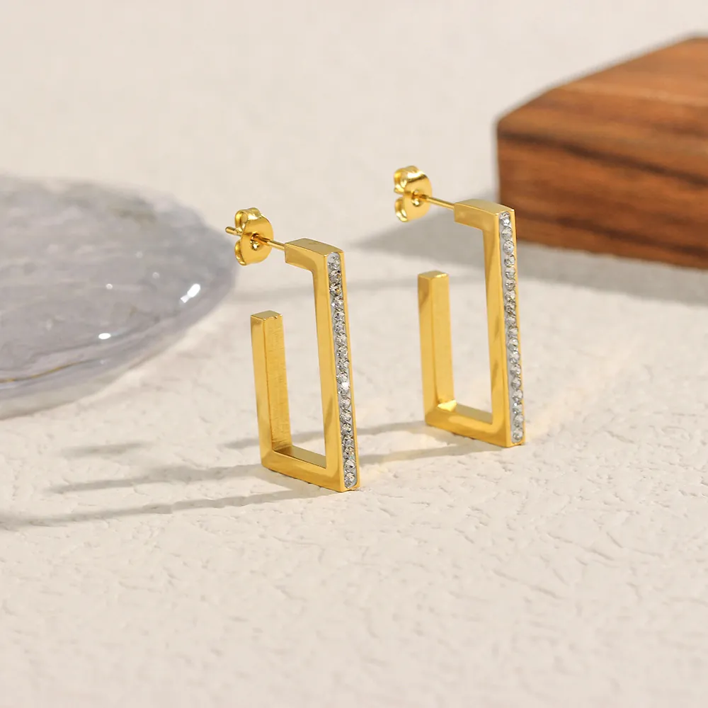 Fashion Rectangle Hoop Earrings Stainless Steel 18K Gold Plated Zirconia Inlaid Geometric Stud Earrings For Women Jewelry