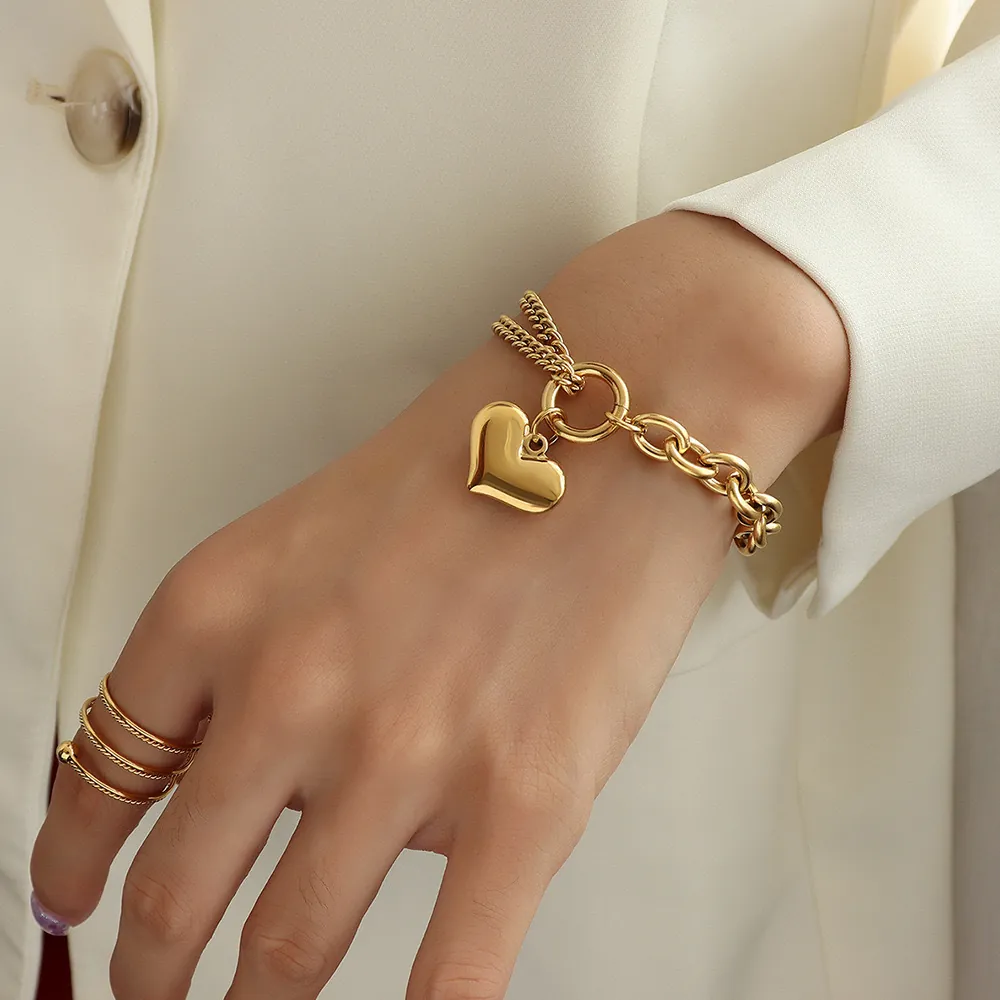 Stainless Steel Heart Pendant Bracelet For Women Hip Hop Chunky Chain Layered Heart Bracelet Ins Style Jewelry Accessory