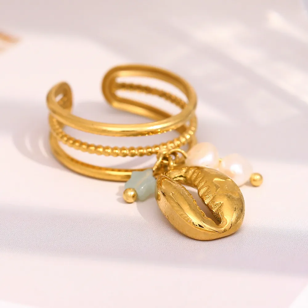 Stainless Steel Open Ring For Women Gold Plated With Artificial Pearl Conch Shell Star Charms Multi Layer Beach Style Jewelry