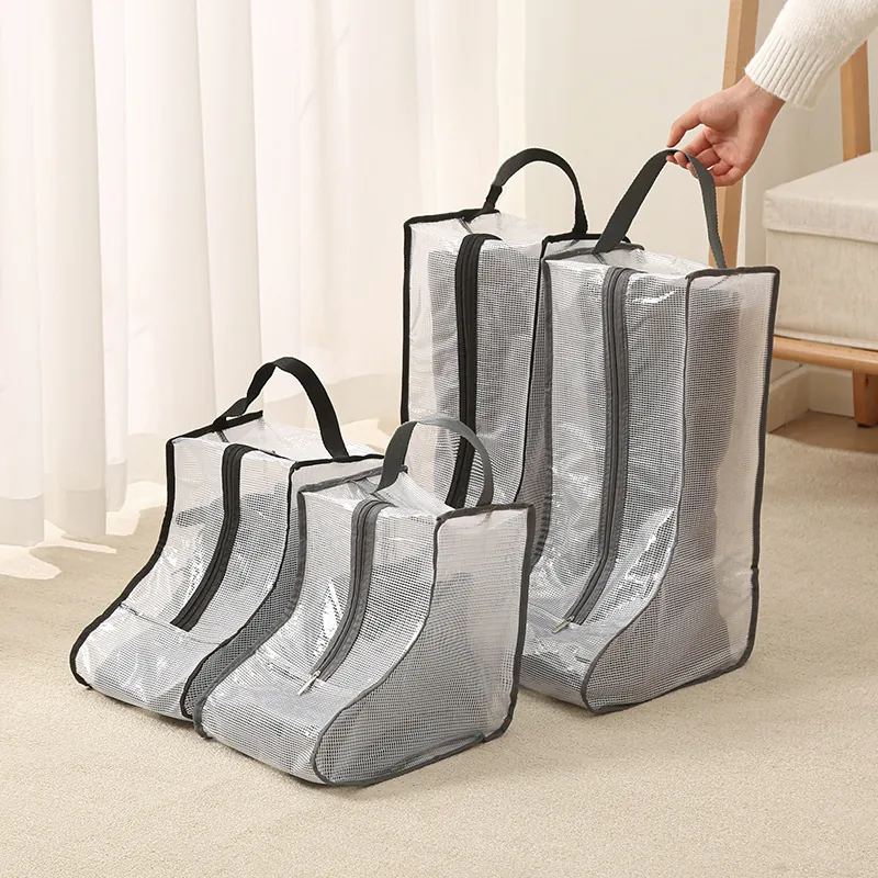Boot Shoe Storage Bags Portable Travel Dustproof Mesh Non-Woven Fabric Transparent Visible Zipper Handle Closet Organizer