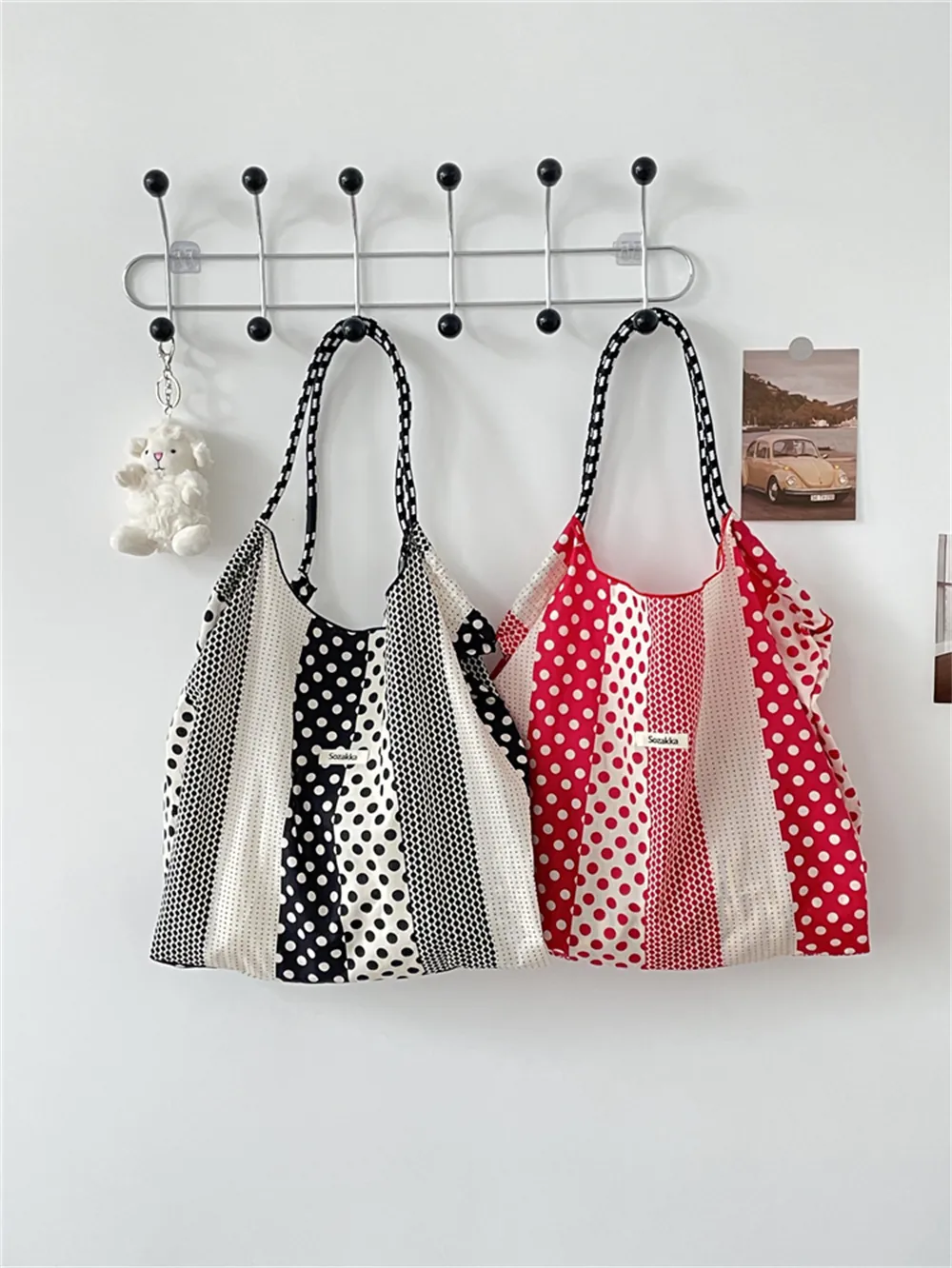 Sac Fourre-Tout En Toile Coton À Pois Rayures Patchwork Grande Capacité Sac À Épaule Décontracté Shopping À Main