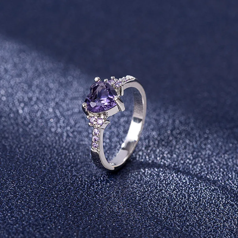 Heart Shaped Purple Cubic Zirconia Ring Copper White Gold Plated Elegant Jewelry For Women Fashion Accessory