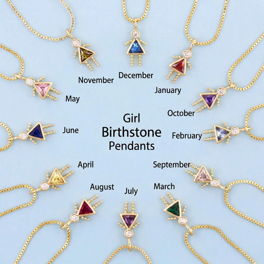Birthstone Boy Girl Figure Pendant Necklace Copper Gold Plated Zircon Box Chain Cute Fashion Jewelry Gift For Kids