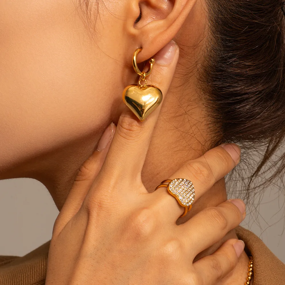 Stainless Steel Puffed Heart Drop Hoop Earrings Vintage French Style Polished Gold Plated Fashion Jewelry For Women