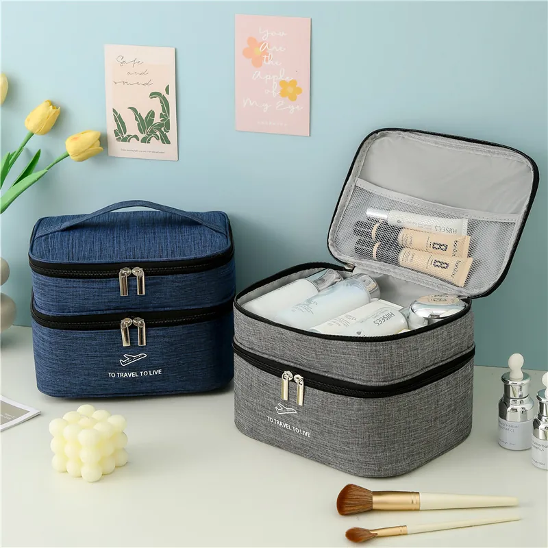 Large Capacity Dual Layer Makeup Bag Cationic Oxford Cloth Waterproof Toiletry Organizer Handheld Travel Storage Pouch