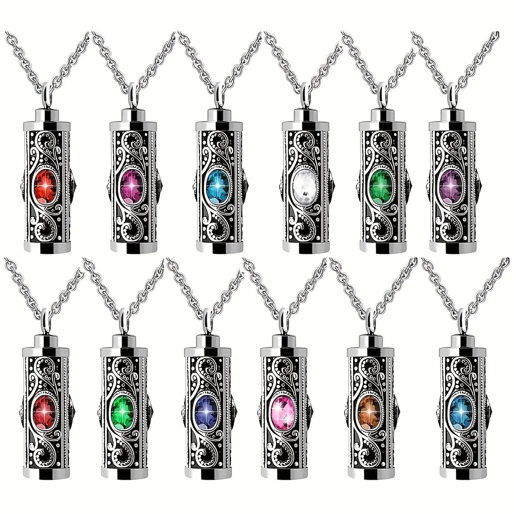 Cylinder Urn Necklace Stainless Steel Memorial Cremation Jewelry Vintage Engraved Birthstone Pendant