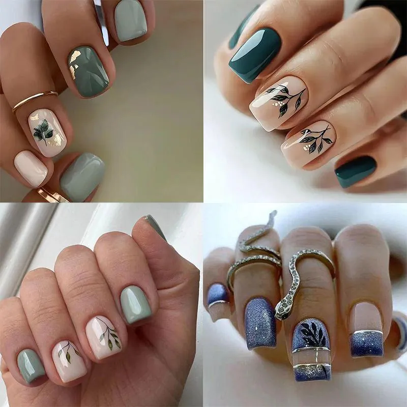 Press On Nails ABS Plastic French Style Flower Leaf Pattern Glitter Short Square Round For Women With Glue Kit