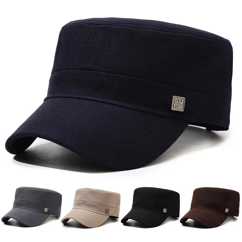 Men Cotton Flat Top Cadet Cap Adjustable Sun Protection Breathable Outdoor Military Style Hat Casual