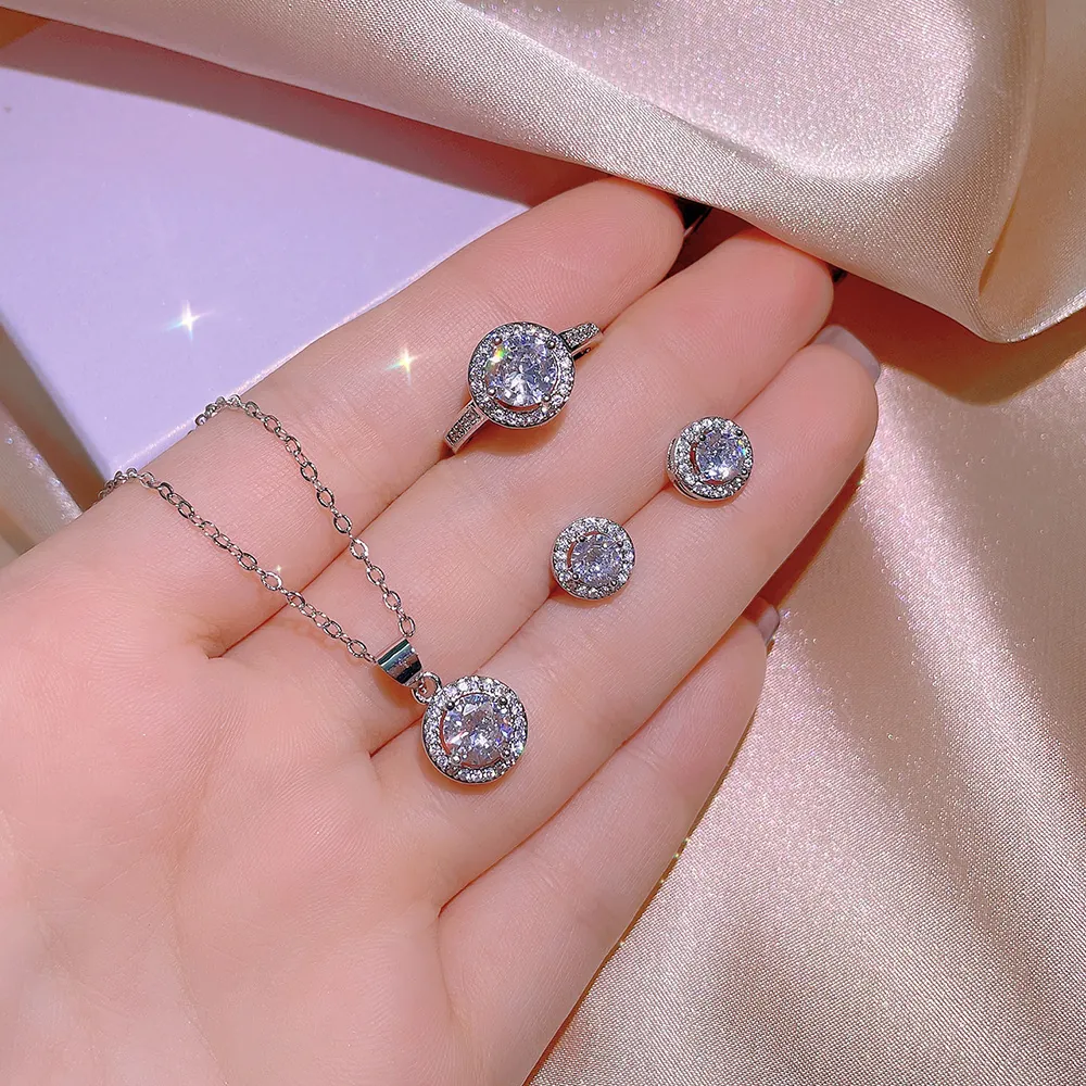 Elegant Cupronickel Rhinestone Round Halo Jewelry For Women Simple Light Luxury Necklace Earrings Ring For Wedding Party