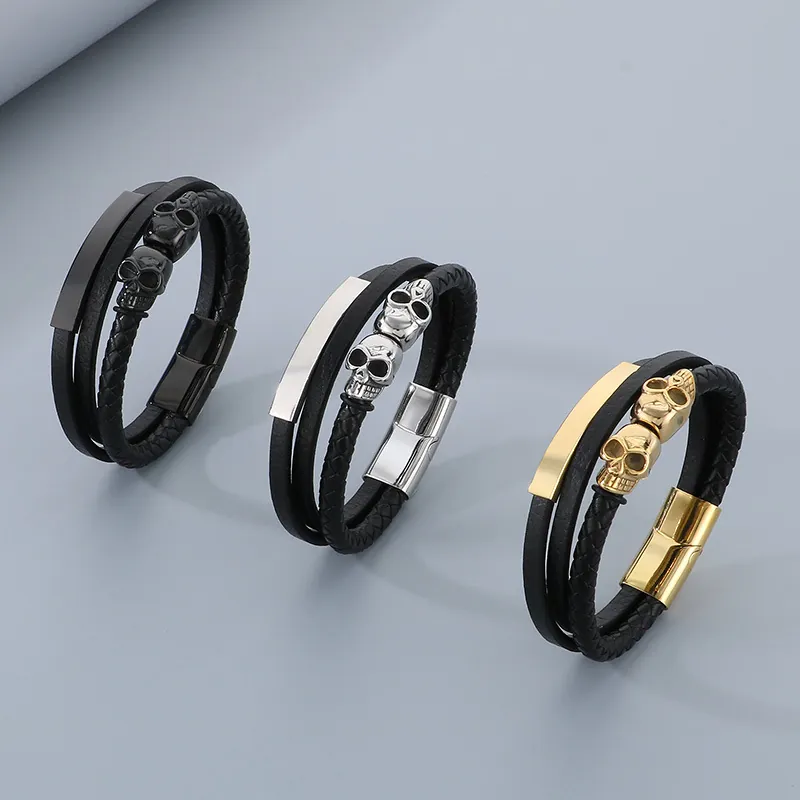 Bracciale da Uomo Multistrato in Pelle Intrecciata Acciaio Inossidabile Teschio Chiusura Magnetica Stile Punk Oro Argento Nero