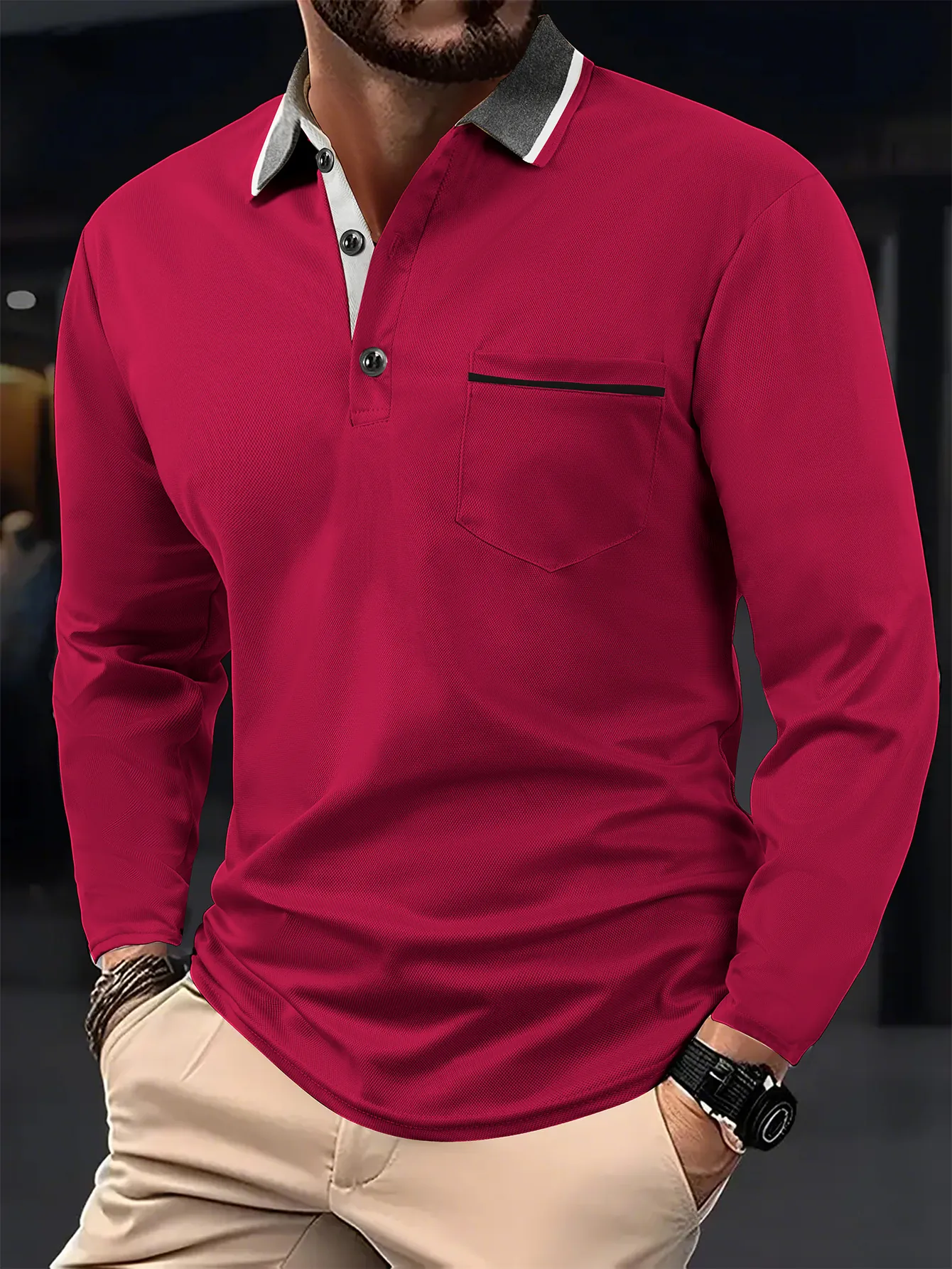 Mens Long Sleeve Polo Shirt Contrast Lapel Collar Casual Golf Tops With Single Chest Pocket Breathable Business Clothing