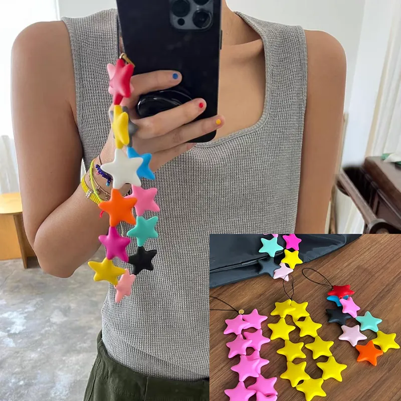 Bunte Silikon Stern Perle Telefonkette Anti-Verlust Handgelenk Riemen Lanyard Dopamin Stil Tasche Charme Für Frauen