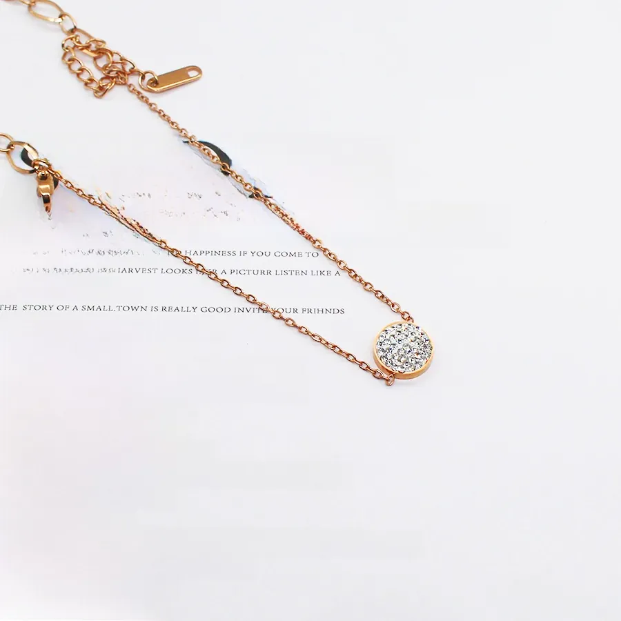Rose Gold Double Layer Stainless Steel Bracelet For Women Elegant Round Pendant Rhinestone Inlaid Fashion Jewelry Hand Chain