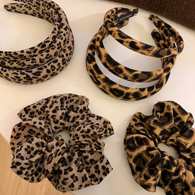 Leopard Print Hair Accessories Fabric Elastic Scrunchies And Vintage Wide Headband For Women Handmade Hairband