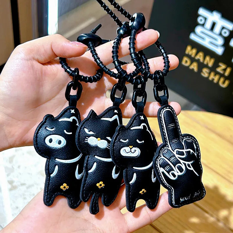 Cartoon Cat Star Shaped Keychain Black PU Leather Bag Pendant For Backpack Handbag Hanging Accessories Women Girls