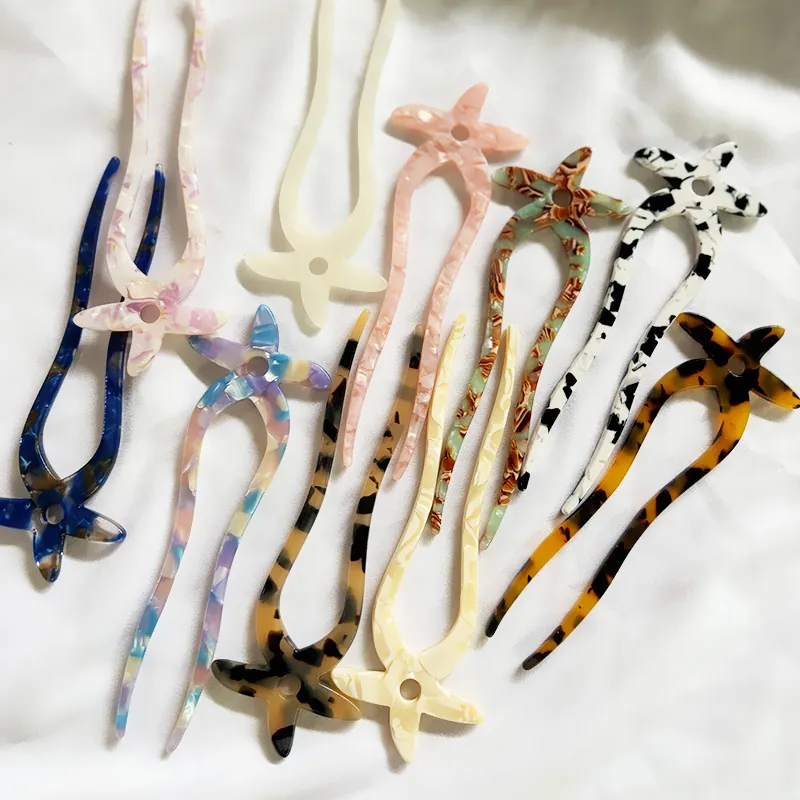 Starfish Hair Stick Acetate U Shaped Hair Fork Double Tooth Bun Maker For Women Simple Modern Styling Accessories