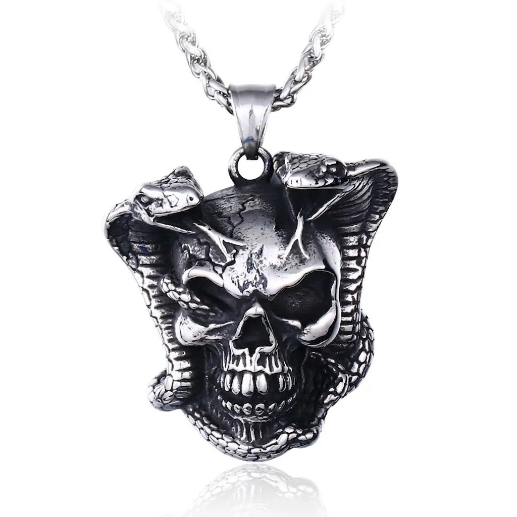 Schädel Und Doppel Schlange Anhänger 316L Edelstahl Oxidierte Ausführung Gotisch Punk Rock Biker Schmuck Für Herren