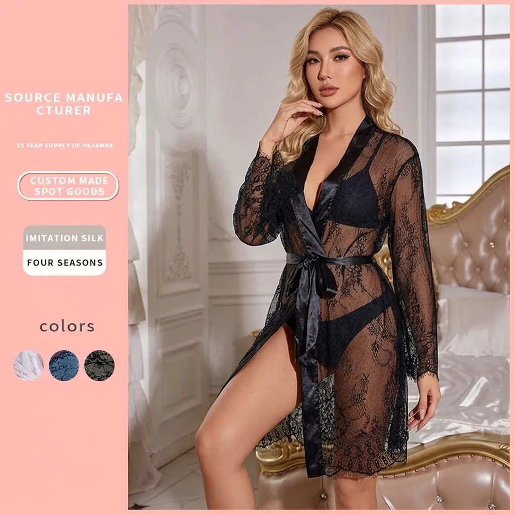 Peignoir Sexy Transparent Pour Femmes Dentelle Mesh Manches Évasées Garniture Satin Lingerie Nuisette