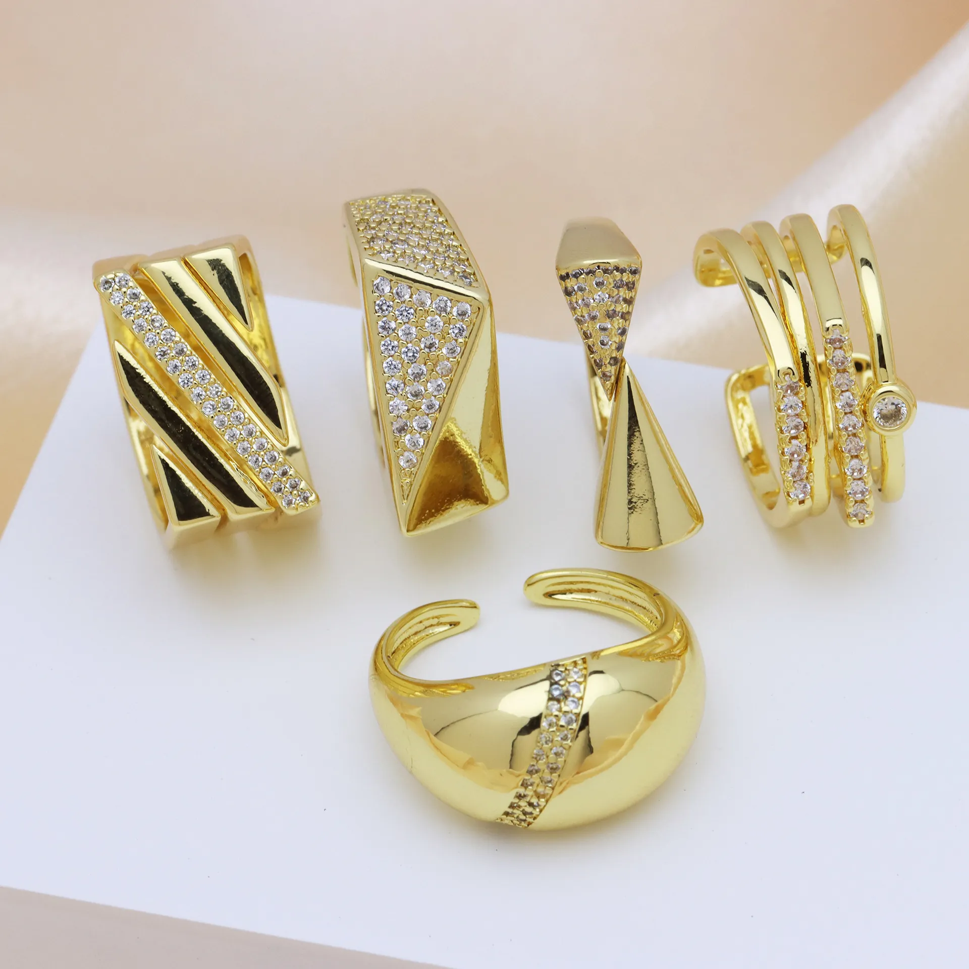 Luxury Copper Plated Gold Zirconia Adjustable Open Ring For Women Geometric Minimalist Design Fashion Finger Jewelry