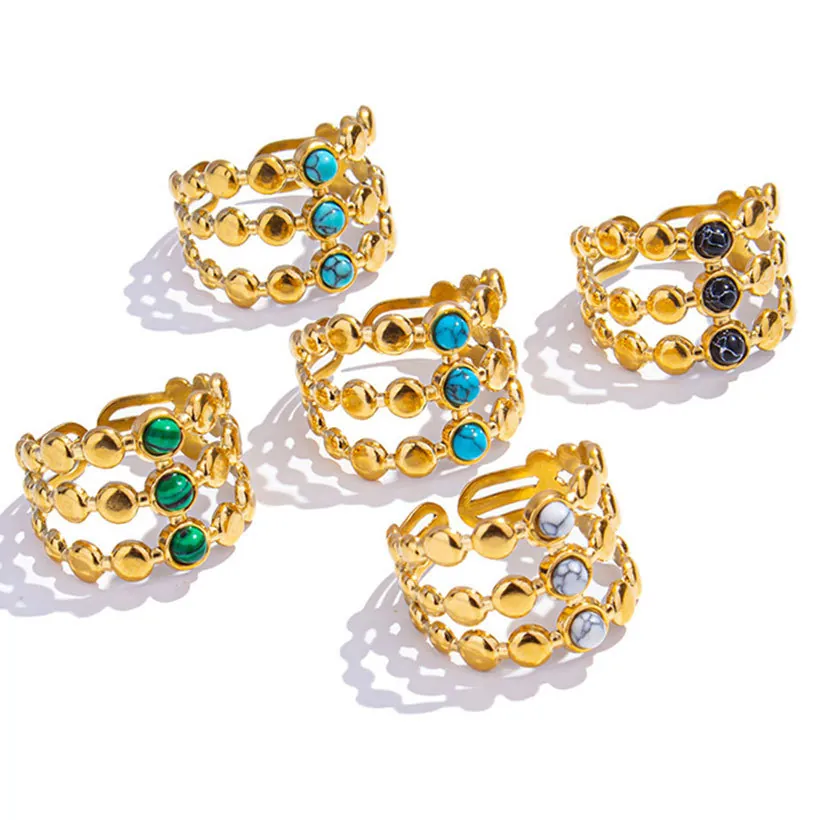 Vintage Open Ring 304 Stainless Steel Three Row Beaded Inlaid Imitation Stone Adjustable Jewelry For Women Luxury