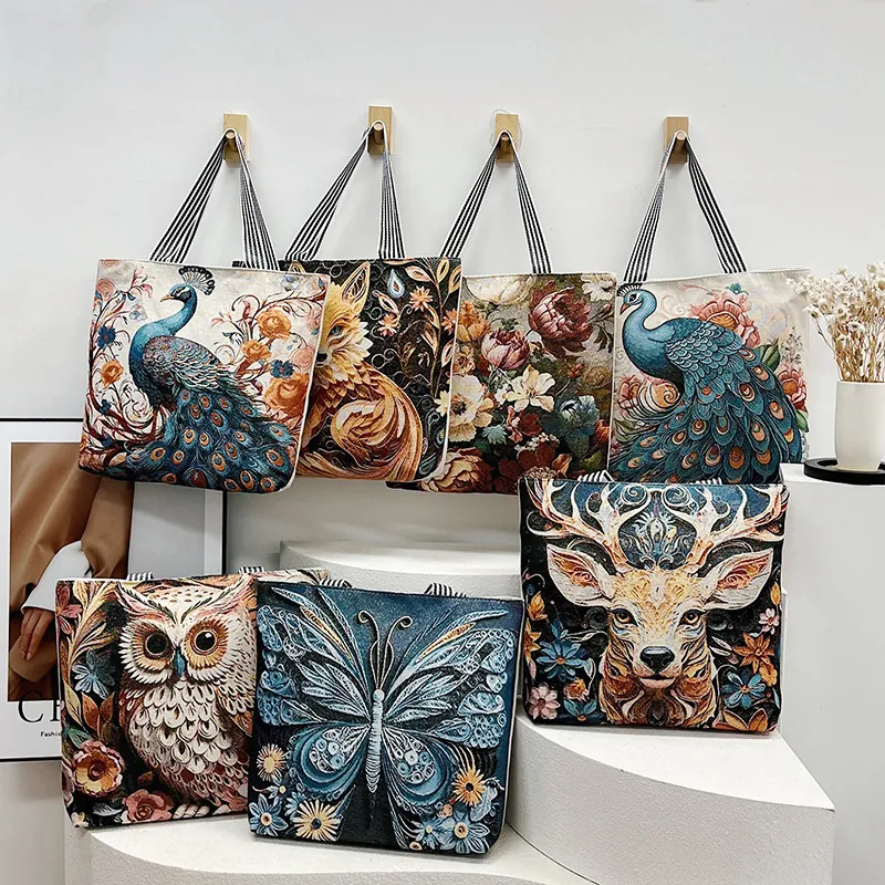 Women Canvas Tote Bag 3D Embroidery Jacquard Ethnic Floral Animal Pattern Handbag Large Capacity Striped Strap