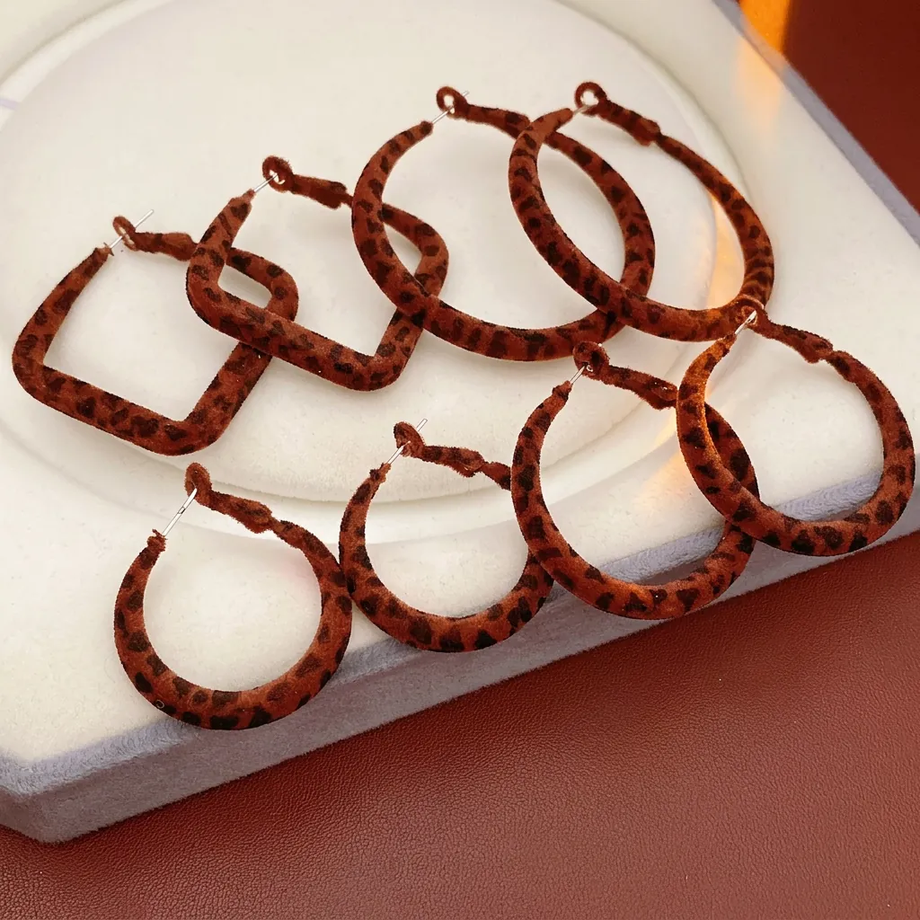 Boucles D'oreilles Créoles Imprimé Léopard Vintage Tissu Flocage Rond Losange Marron Avec Tige En Argent Pour Femme