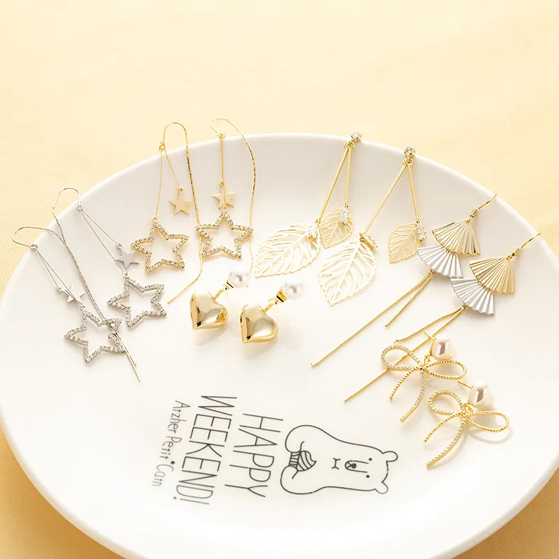 Elegant Copper Zirconia Stud Earrings With 925 Sterling Silver Post Star Shell Heart Bowknot Leaf Korean Jewelry For Women