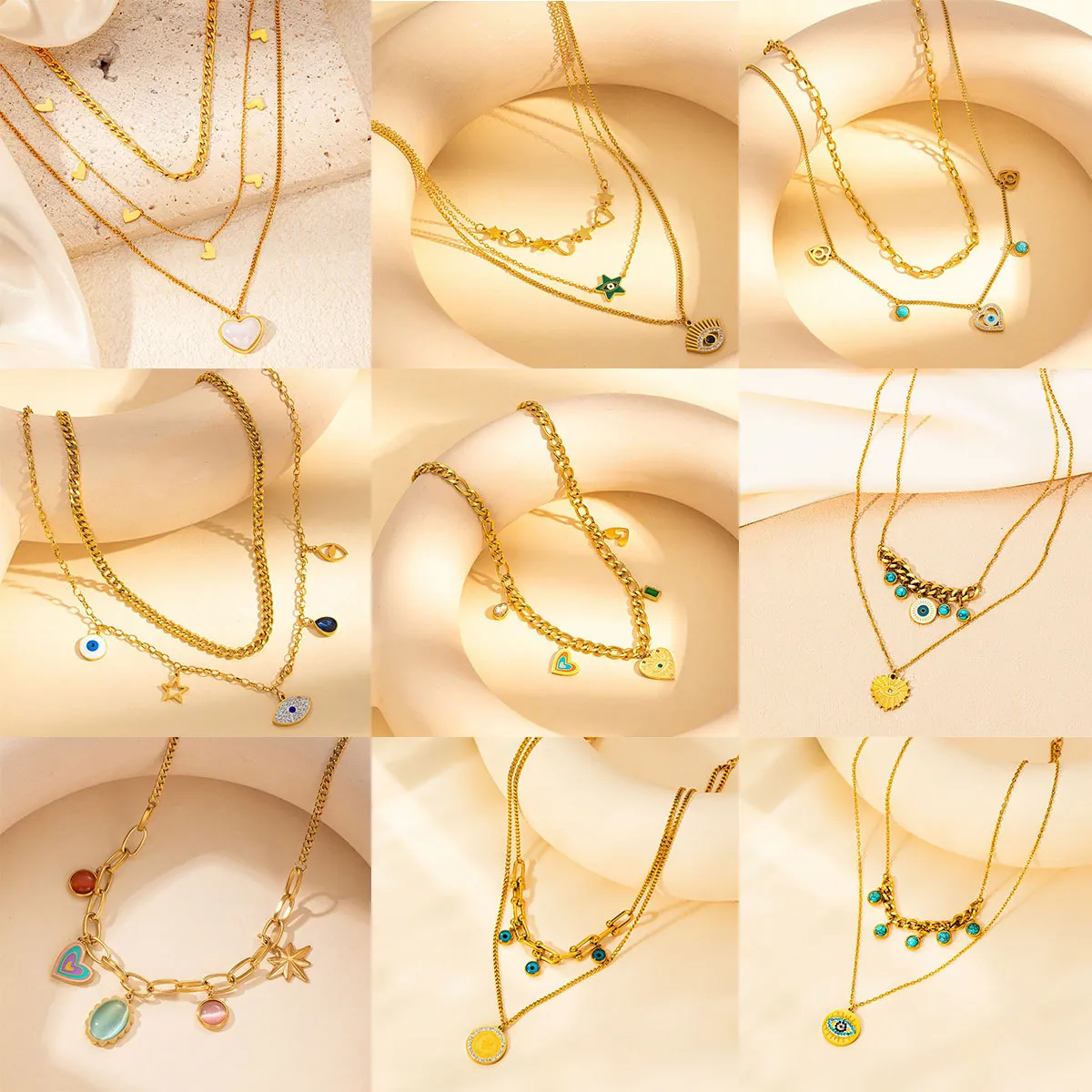 Collana A Strati Acciaio Inossidabile Malocchio Cuore Turchese Stella Boho Gioielli Per Donne