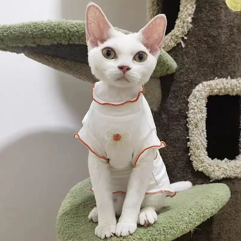 Camiseta Para Perros Gatos Mascotas Punto Canalé Transpirable Lazo Encaje Borde Naranja Volantes Ropa Verano
