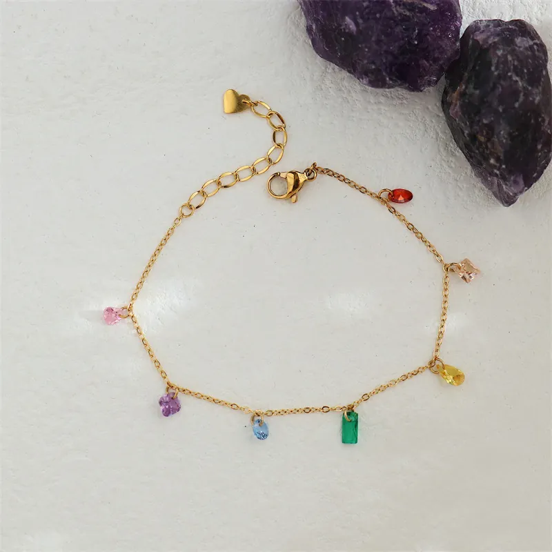 Titanium Steel Rainbow Rhinestone Bracelet For Women 18K Gold Plated Colorful Geometric Heart Waterdrop Pendant Jewelry