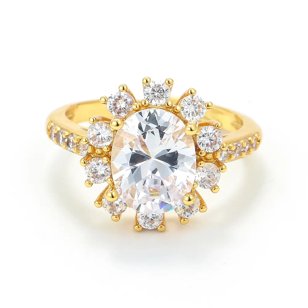 Luxury Copper Gold Plated Oval Zirconia Sunflower Halo Adjustable Open Ring For Women Wedding Engagement Fashion Jewelry