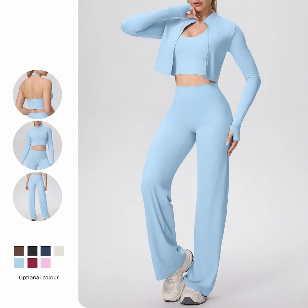 Tenue De Yoga Sport Femme Veste Zippée Avec Gilet Et Pantalon Jambe Large Taille Haute Nylon Spandex Couleur Unie
