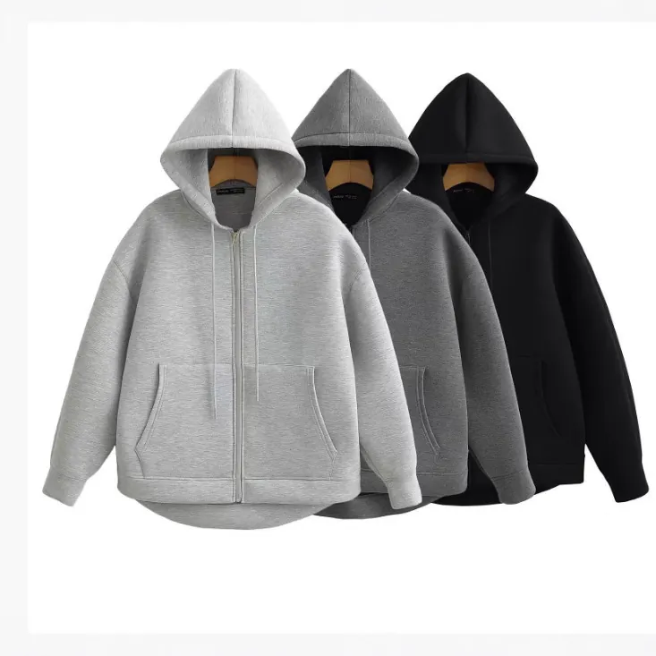 Women's Zip Up Hoodie Cotton Blend Long Sleeve Hooded Sweatshirt Loose Casual Streetwear Solid Jacket With Pockets