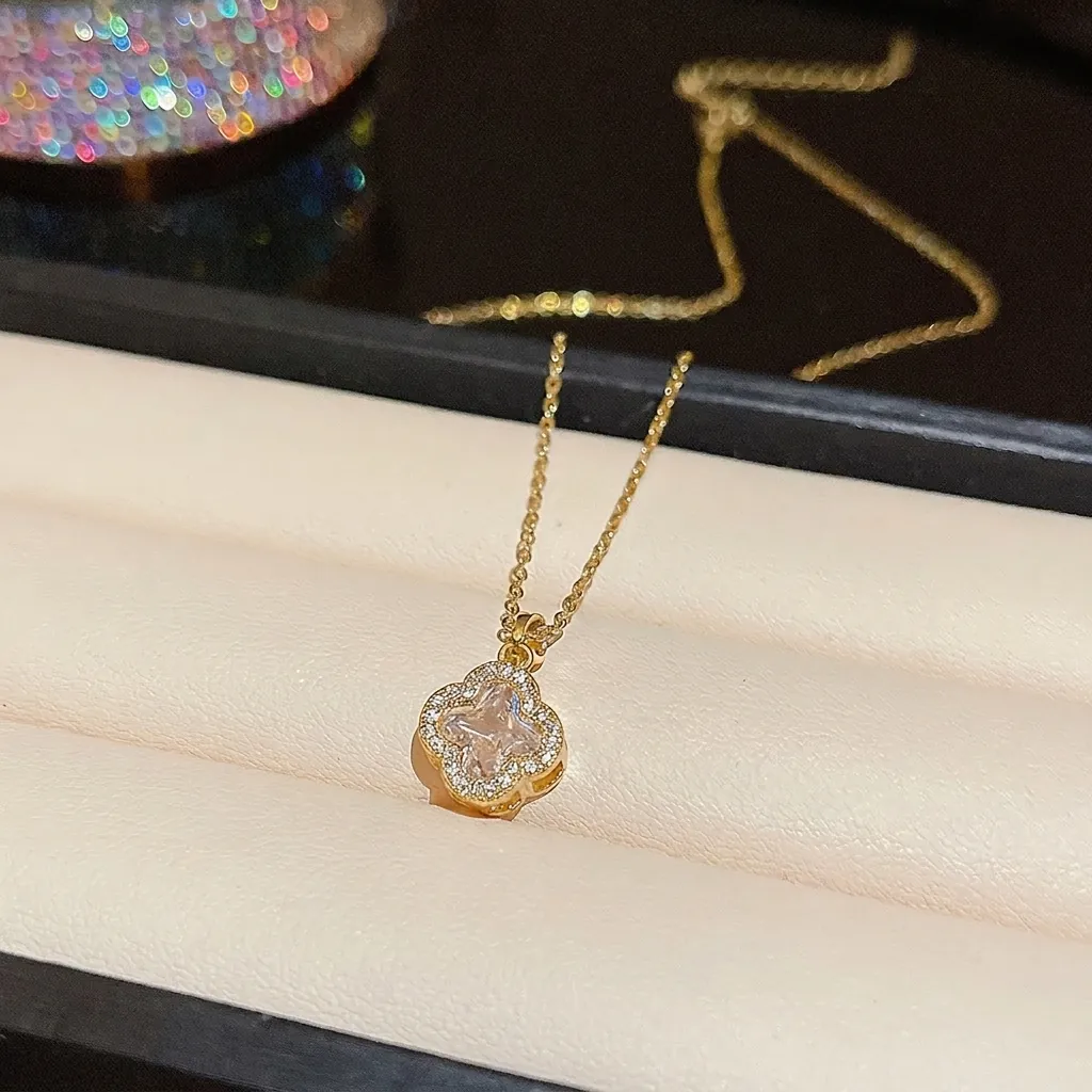 Elegant Four Leaf Clover Pendant Necklace Gold Plated Titanium Steel With Square Zirconia Inlay Jewelry For Women