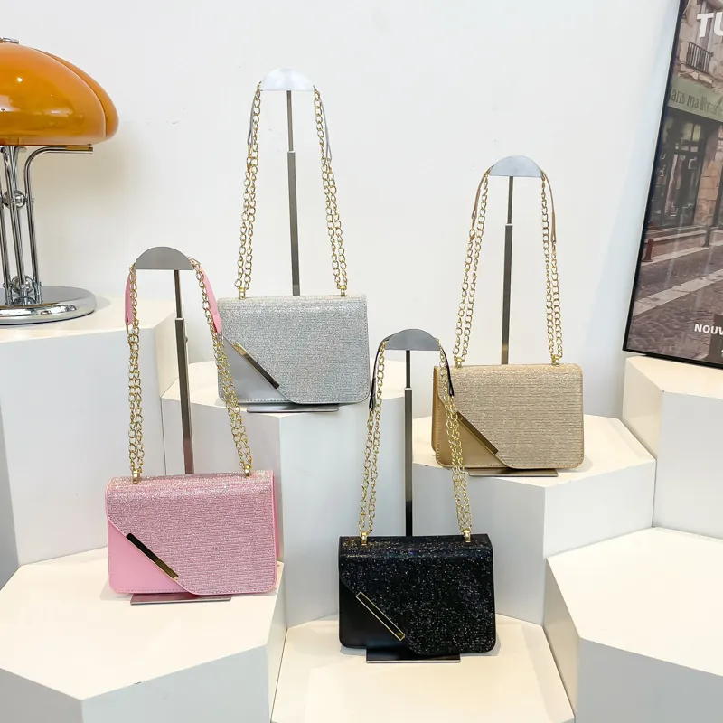 Glitter Sequin Shoulder Bag For Women PU Leather Crossbody Evening Party Bag With Metal Chain Vintage Trendy Flap