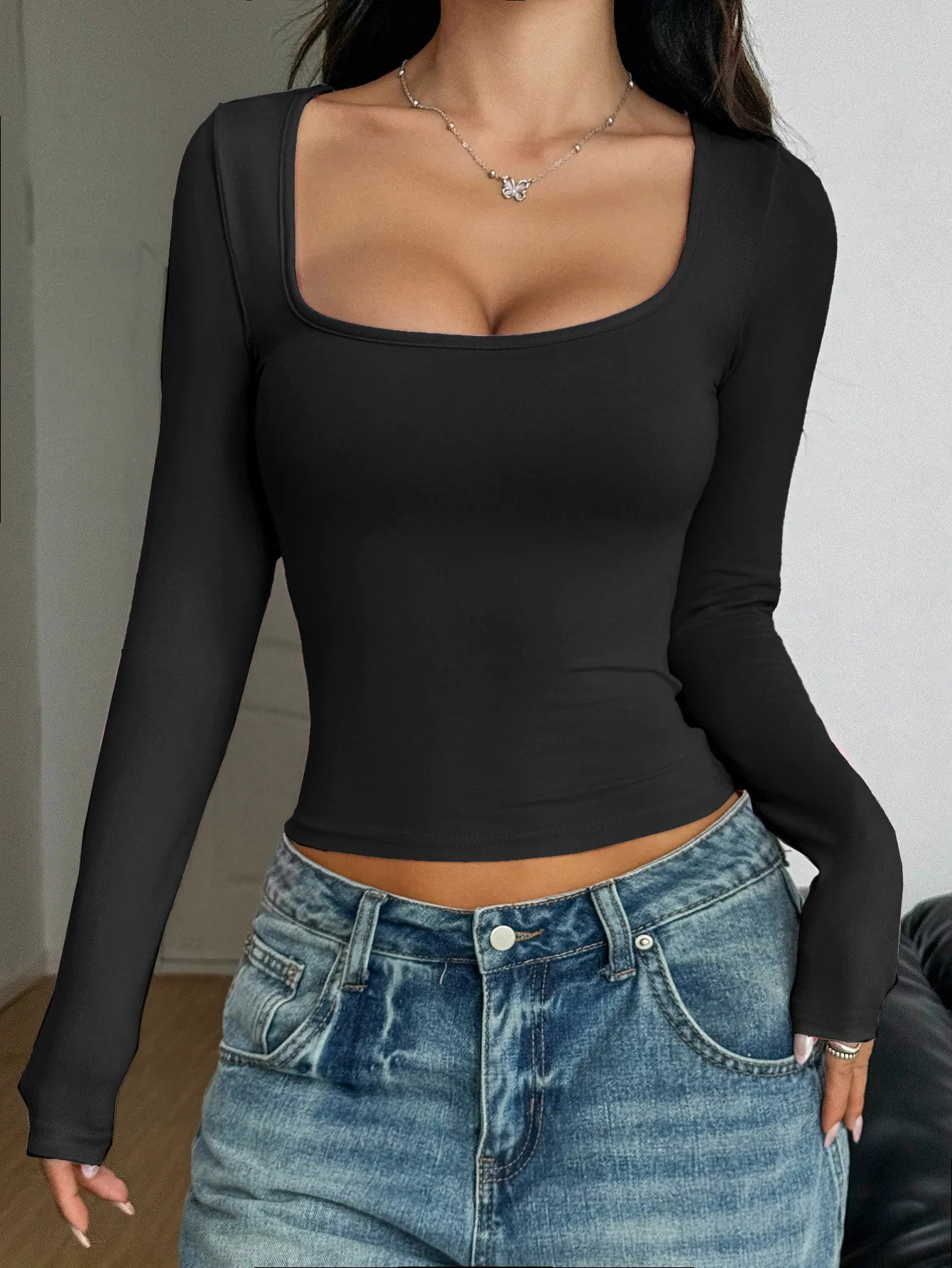 Women Slim Fit Square Neck Long Sleeve T-Shirt Y2K Sexy Solid Color Polyester Spandex Spring Fall Basic Streetwear Top